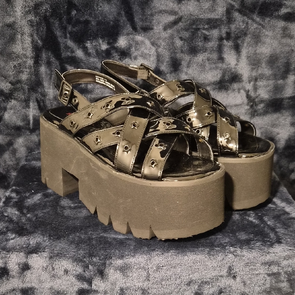 Demonia Black Platform Sandals with Skull Details